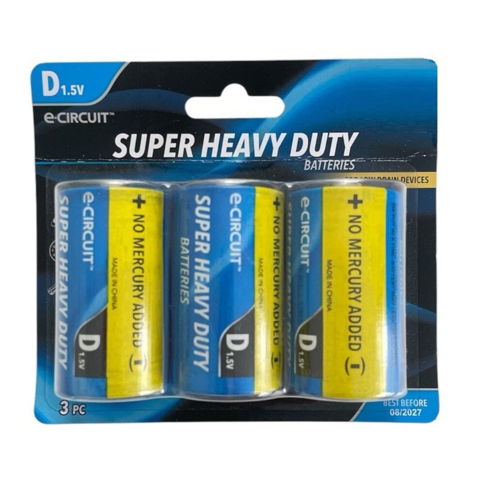 E-Circuit Super Heavy Duty D Batteries, 3-ct. Pack